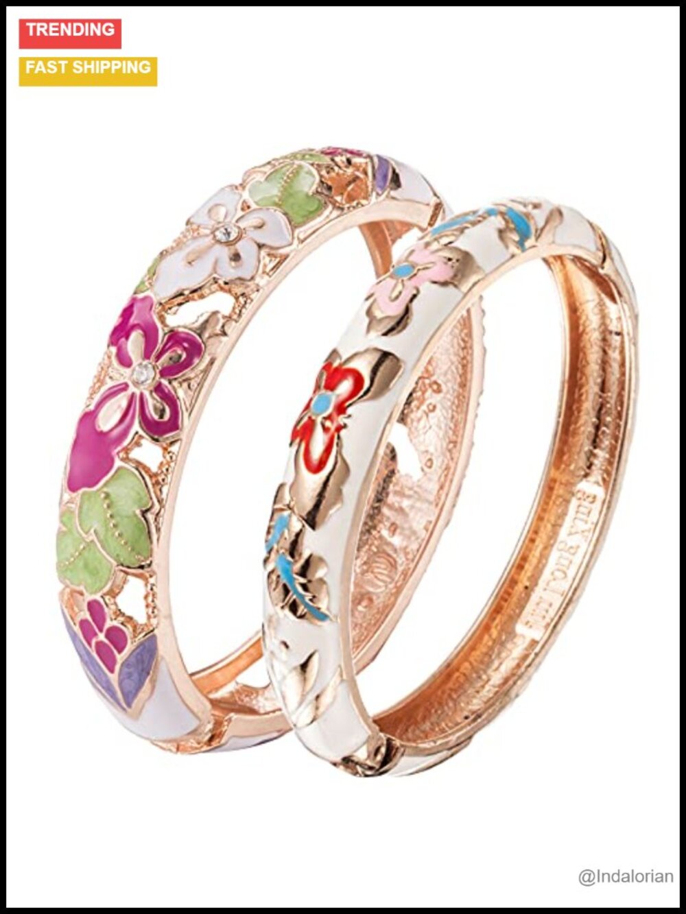 Butterfly Enamel Bangle Bracelets Set of 2 for Women - Crystal Alloy Hinged Cuff